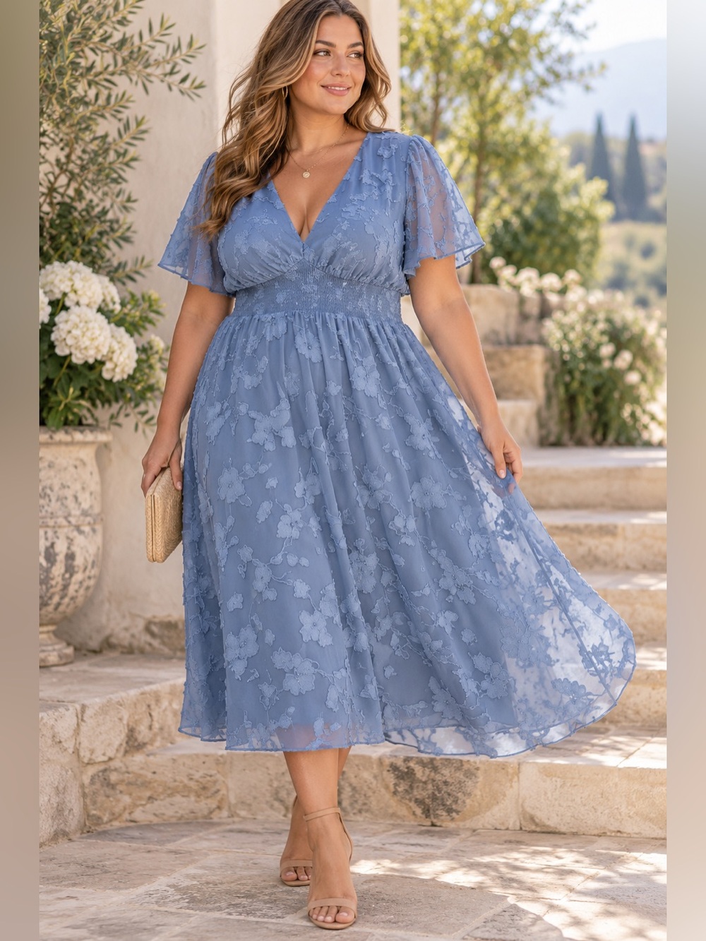 Baltic Born June Smocked Midi Dress 2X Blue Floral Burnout Chiffon Wedding Guest